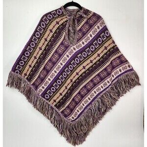 VTG Boho Poncho Womens One Size Purple Knitted Shawl Folk Wear Western‎ Cowgirl